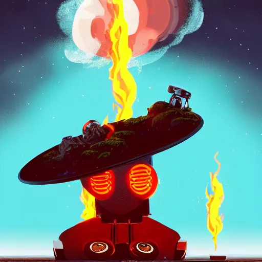 Prompt: a menacing robot is cooking pizza in front of a live volcano, flames, lava, smoke, backlit, dramatic lighting, black sky, red glowing streams of lava, digital art, trending on artstation