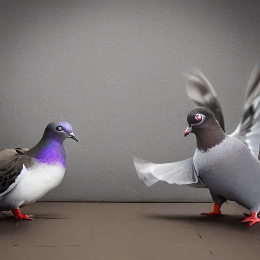 Image similar to a pigeon vs a kid kung fu style in a dojo for a piece of bread, facing each other, stand off, muscled pigeon like the rock, best photo award, high quality 8 k, cinematic lighting, cinematic composition, high detail, landscape photo