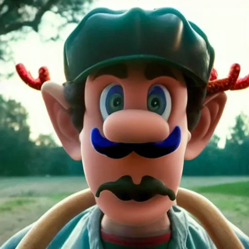 Image similar to a film still of waluigi in stranger things