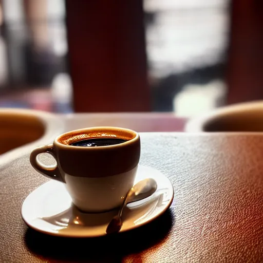 Prompt: realistic detailed photo of a steaming cup of coffee on a saucer with a flaky pastry on the side and a coffee spoon next to it on the table in a hotel lobby, liminal, hdr, volumetric lighting, dim light, diffuse light, depth of field