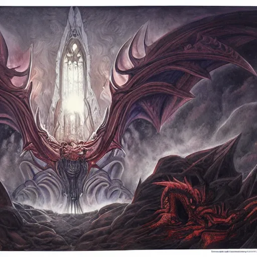 Prompt: an epic demonic alien dragon demigod descending from the heavens and cosmos to consume the earth, gothic castle with tall spires, by dan seagrave art