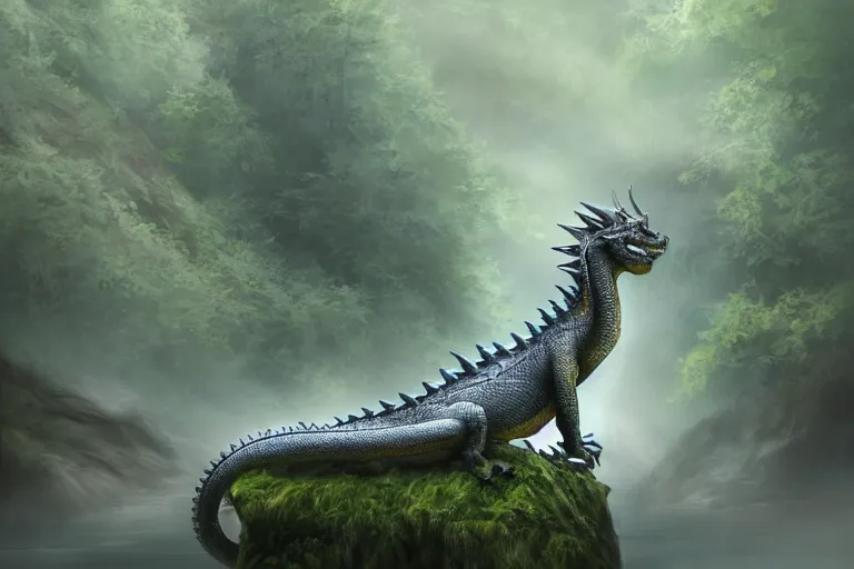 Image similar to peaceful dragon in a beautiful, misty forest, leaning over a steep hill, elongating its neck to sip water from the flowing, turbulent river, trending on artstation, intricately defined, complexly detailed, robustly ordinated, 4 k quality, digital art