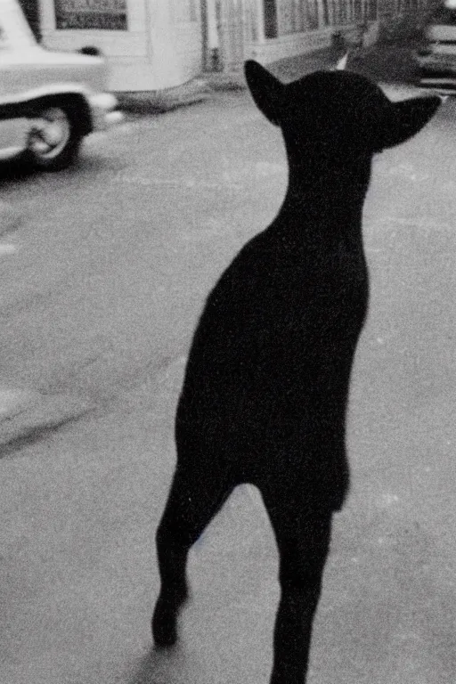 Image similar to still from vhs footage of cryptid walking down street