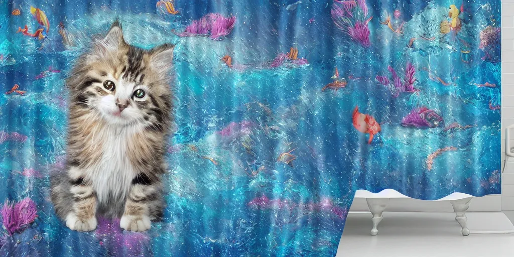 Image similar to a ( ( main coon kitten ) ) little mermaid themed shower curtain, shower curtain product photography. digital art. 4 k, highly detailed. saturated.