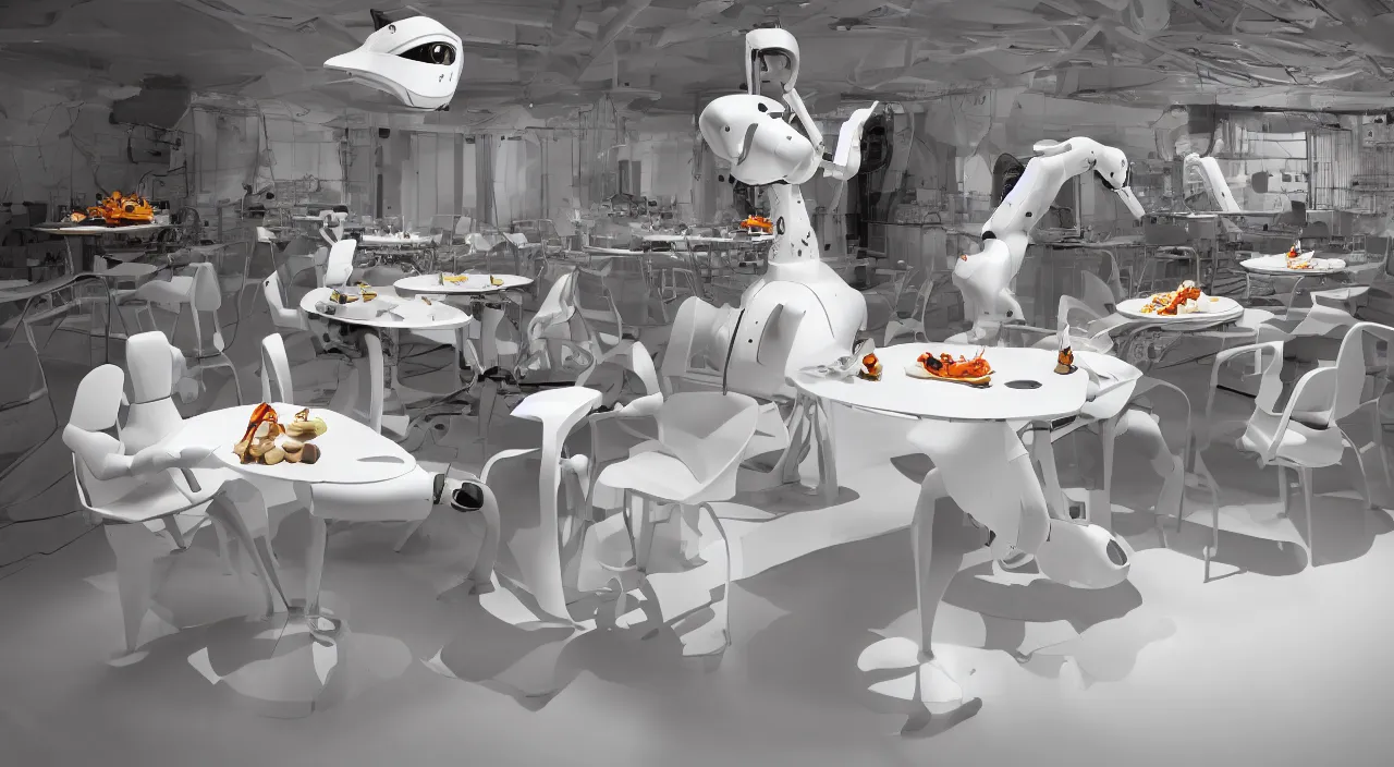 Image similar to three large white glossy kuka industrial robot arms on the floor around a dinner table, the kuka industrial robot arms are wearing bow ties, the table is full of food, they are having dinner inside a fine dining restaurant with mid century modern furniture and decor, global illumination, artstation, fantasy