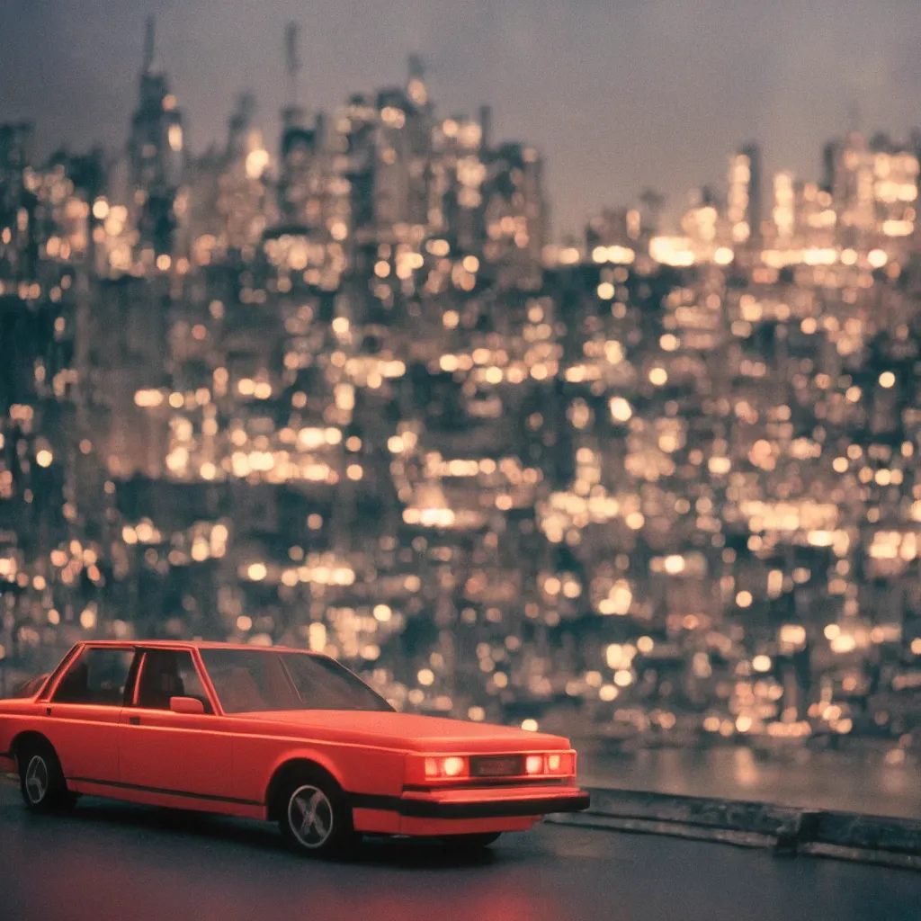 Image similar to 8 0 s neon movie still, portrait of a single car by the river with city in background, medium format color photography, blurred background, movie directed by kar wai wong, hyperrealistic, photorealistic, high definition, highly detailed, tehnicolor, anamorphic lens