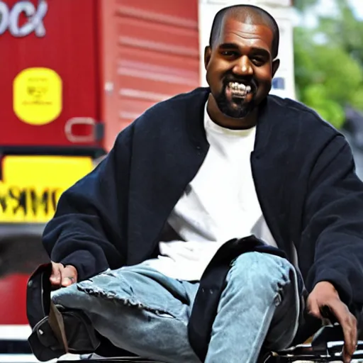 Image similar to kanye west sitting in a shopping cart grinning