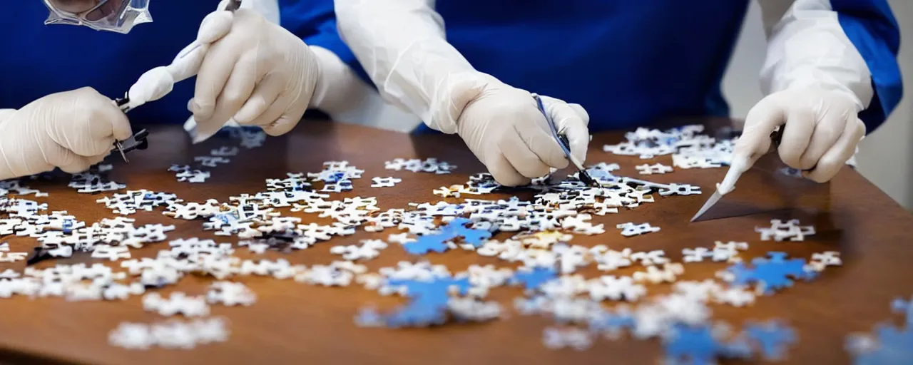 Image similar to a surgeon using a scalpel on a jigsaw puzzle on a table