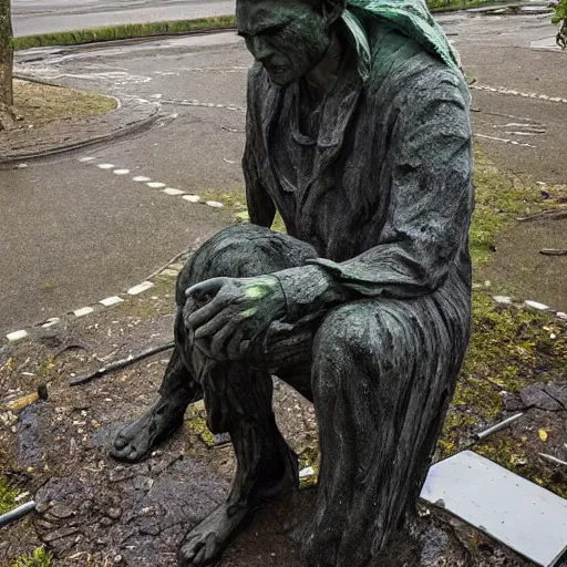 Image similar to The sculpture shows a man caught in a storm, buffeted by wind and rain. He clings to a tree for support, but the tree is bent nearly double by the force of the storm. The man's clothing is soaked through and his hair is plastered to his head. His face is contorted with fear and effort. by Brian Sum harrowing