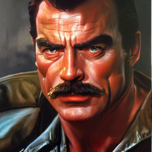 Image similar to ultra realistic portrait painting of tom selleck as the terminator, art by frank frazetta, 4 k, ultra realistic, highly detailed, epic lighting