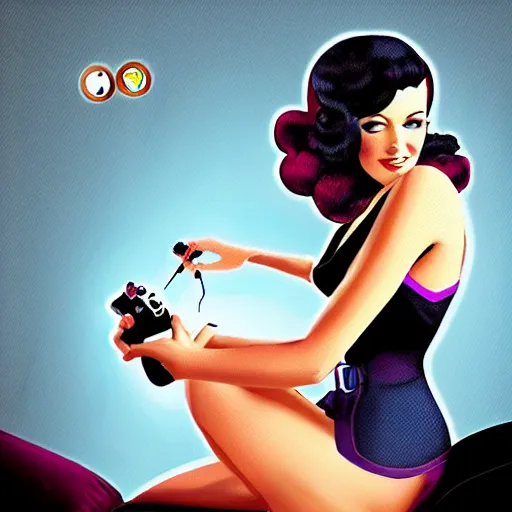 Image similar to a pin up woman playing a videogame, front view, digital art, photoshop, dark lighting, couch, holding a control