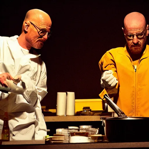 Image similar to Walter White and Jesse Pinkman cooking meth on a stage at a concert
