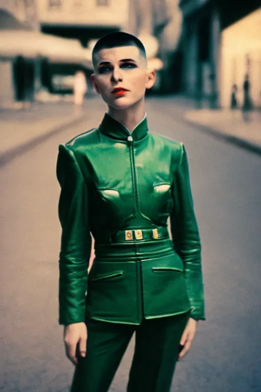 Prompt: ektachrome, 5 0 mm, highly detailed : incredibly realistic, demure, perfect features, buzz cut, beautiful three point perspective extreme closeup 3 / 4 portrait photo in style of chiaroscuro style 1 9 7 0 s frontiers in flight suit cosplay paris seinen manga street photography vogue fashion edition