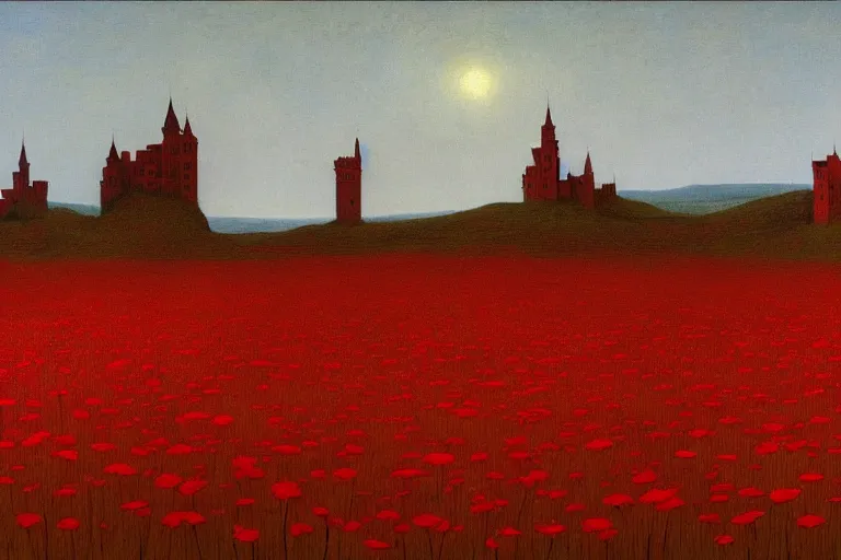 Image similar to only with red, red flowers of different types, a castle in the background, red giants rest over the flowers, in the style of beksinski, part by hopper, part by rodcenko, part by hofbauer, intricate composition, red by caravaggio, insanely quality, highly detailed, masterpiece, red light, artstation, 8 k