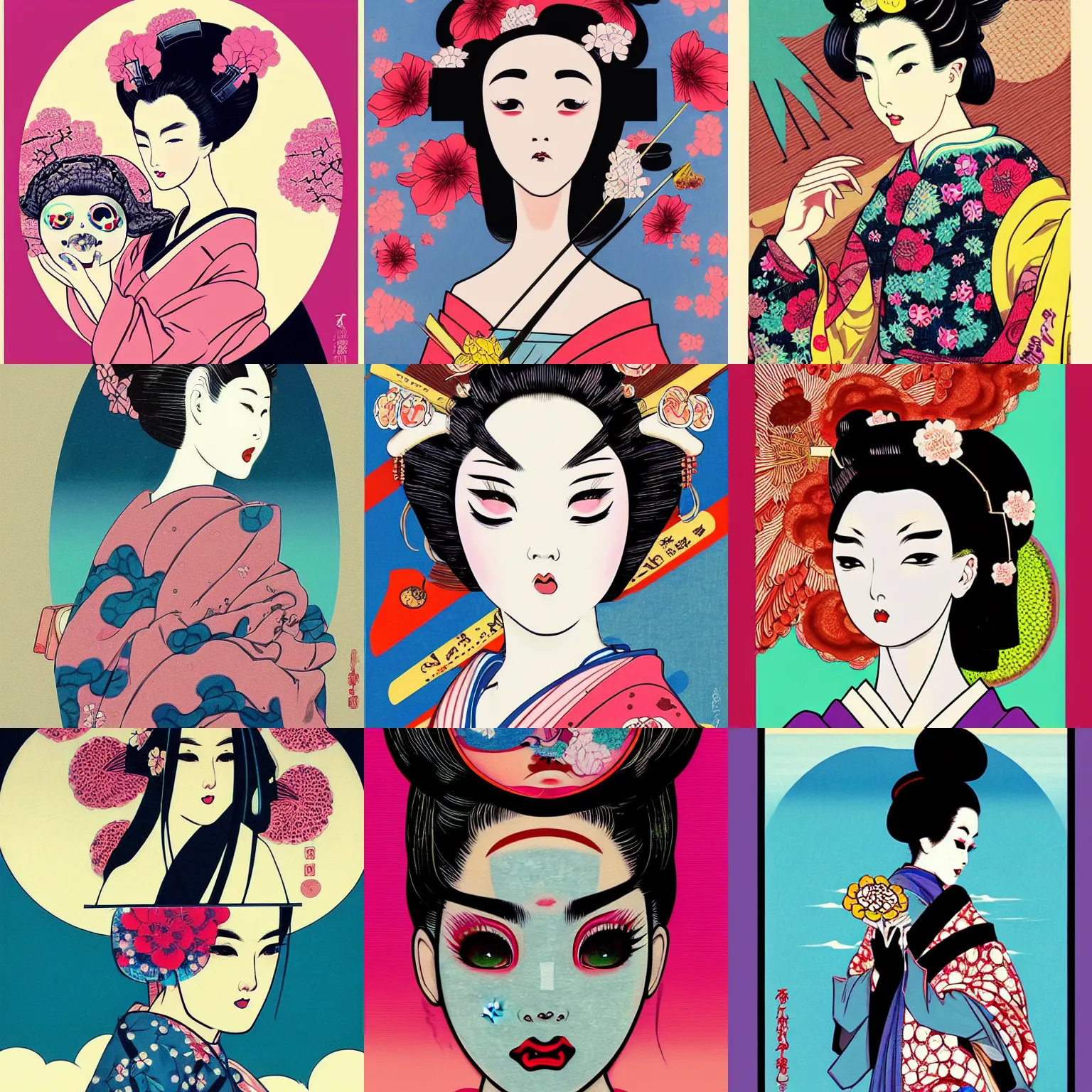 Prompt: beautiful vogue geisha by hokusai, hikari shimoda, shinsui ito, classic shoujo, in the style of 6 0 s pop art, fantastic planet, minimalist poster art, pastel colors, gothic, retrofuturism, icon, skull, artstation, artgerm