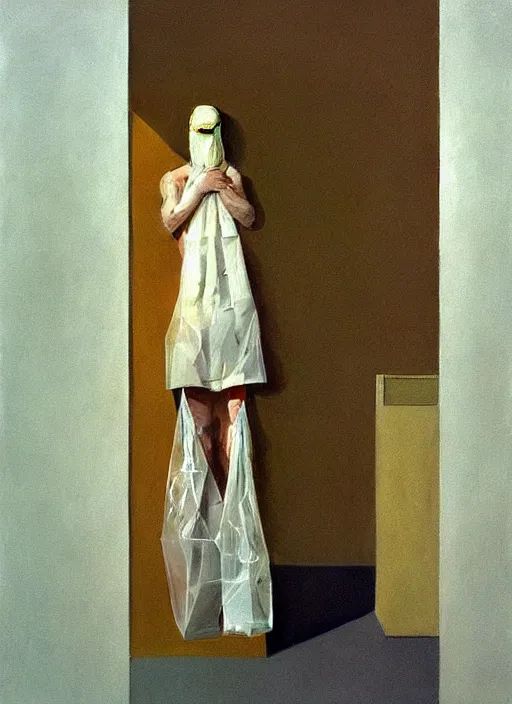 Image similar to woman in a translucent clothing made from plastic bag with paper bags for clothes standing inside paper bags with paper bag over the head at store display Edward Hopper and James Gilleard, Zdzislaw Beksinski, highly detailed