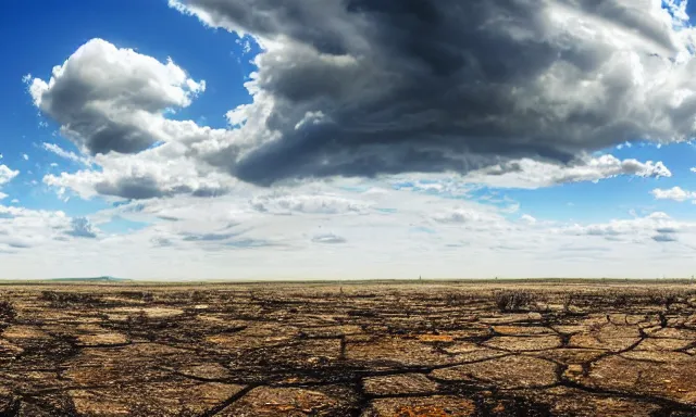 Image similar to panorama of big raindrops flying upwards into the perfect cloudless blue sky from a dried up river in a desolate land, dead trees, blue sky, hot and sunny highly-detailed, elegant, dramatic lighting, artstation, 4k, cinematic landscape, photograph by National Geographic