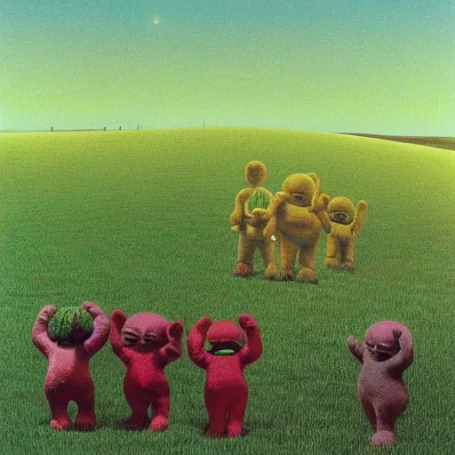 Prompt: teletubbies, illustrated by zdzisław beksinski