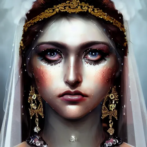 Prompt: ilyana vyulnika as a young bride in the dark, heavy makeup, crying eyes, red eyecolor, tears, leaked mascara, lipgloss, portrait, closeup, cute freckles, gloss effects, and exaggerated proportions, intricate jewelry, after rain, digital art by julia razumova and mel milton, trending on artstation, 4 k high quality