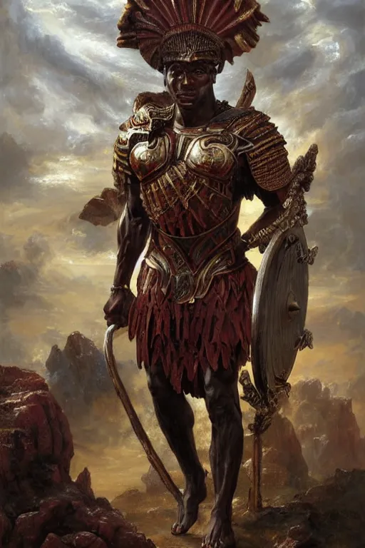 Image similar to a powerful and muscular make african warrior , half body portrait, ornate armour, realistic oil painting by Thomas Cole and Wayne Barlowe and Boris Valejo