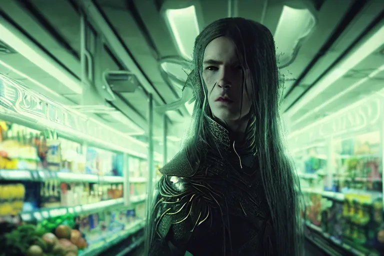 Image similar to an ultra realistic, cinematic, fantasy, portrait, of an evil elf, elden ring, fairy lights, facial features, stood in a supermarket, with futuristic clothing and neon lights, detailed, deep focus, movie still, dramatic lighting, ray tracing, by michal karcz and yoshitaka amano