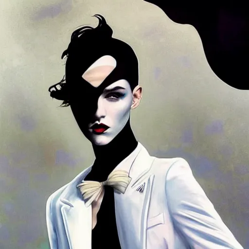 Image similar to stunning portrait of androgynous ruby rose as desire from sandman in a white tuxedo!!!, rockabilly style, by frank moth, by alphonse mucha, by jeremy mann, by peter lindbergh, dave mckean, white suit and black tie, soft lightning, high detailed, 8 k