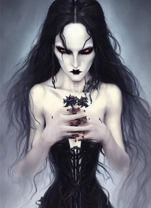 Prompt: tarot!!, pale, beautiful goth vampire with long hair, fantasy, elegant, concept art, sharp focus, beautiful face!!, digital art, Hyper-realistic, 4K, Unreal Engine, Highly Detailed, HD, Dramatic Lighting, Beautiful, by Brom, trending on Artstation