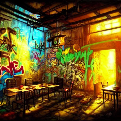 Prompt: breakfast at las pozas, graffiti on a wall, happy mood, cyberpunk, futuristic, technilogy, high detail, golden light, realistic