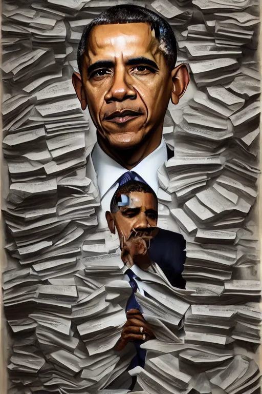 Image similar to obama nervous standing next to a mountain of papers, oil on canvas, intricate, portrait, 8 k highly professionally detailed, hdr, cgsociety