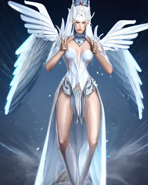 Image similar to perfect white haired egyptian goddess wearing white dove wings, warframe armor, regal, attractive, ornate, sultry, beautiful, ice queen, half asian, pretty face, blue eyes, detailed, scifi platform, 4 k, ultra realistic, epic lighting, android body, masterpiece, art by akihito tsukushi, voidstar, artgerm