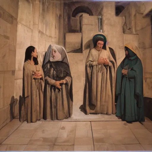 Prompt: 3 mary's, talking to 2 angels at the tomb of jesus, medium wide shot, velasquez