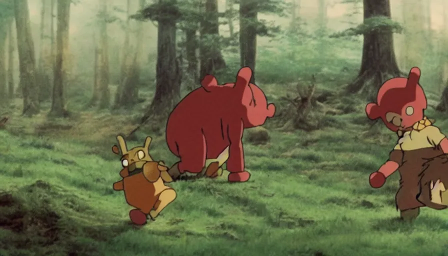 Image similar to a still from Princess Mononoke depicting the war of the teletubbies