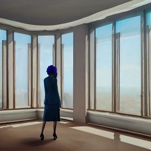 Prompt: huge dahlie flower head, woman in suit, standing by modern window in luxury apartment, surreal photography, sunlight, impressionist painting, digital painting, artstation, simon stalenhag