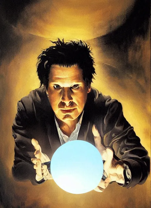 Image similar to zak bagans enamored by a glowing orb, scientific equipment, ghostly!!!, painting by phil hale, fransico goya,'action lines '!!!, graphic style, visible brushstrokes, motion blur, blurry, visible paint texture, crisp hd image