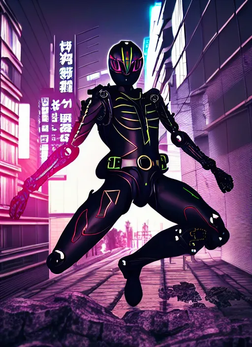 Prompt: kamen rider action pose, human structure concept art, human anatomy, full body hero, intricate detail, art and illustration by irakli nadar and alexandre ferra, global illumination, on tokyo cyberpunk night rooftop, frostbite engine