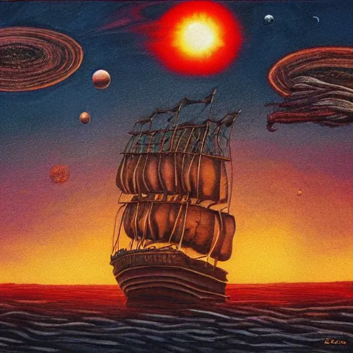Image similar to Surrealistic painting of a pirate ship on lava, planets on the background, extremely detailed