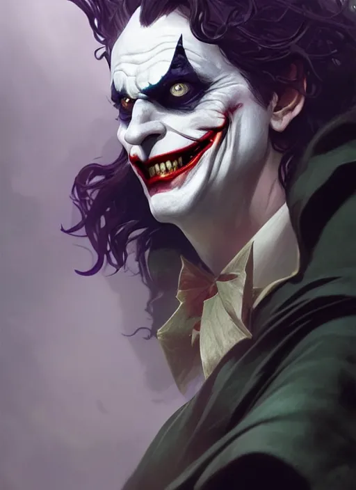 Image similar to the joker, d & d, fantasy, intricate, elegant, highly detailed, digital painting, artstation, concept art, matte, sharp focus, illustration, hearthstone, art by artgerm and greg rutkowski and alphonse mucha