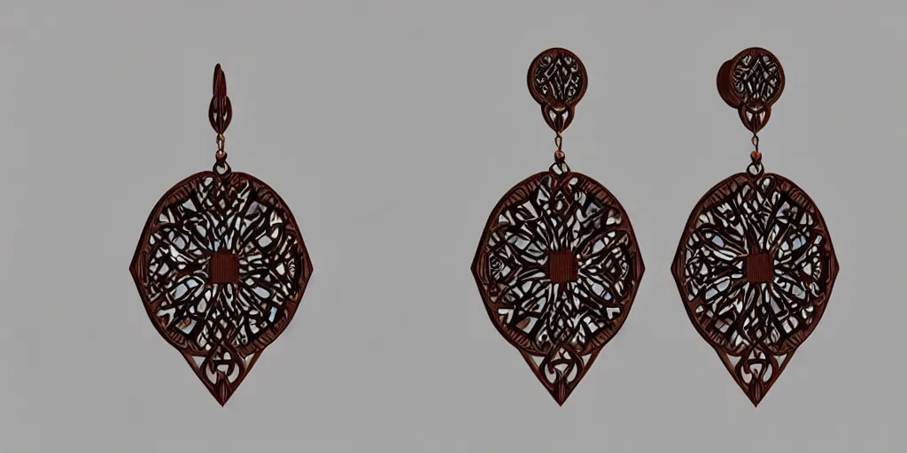 Image similar to earring design, jewelry design, wood, nordic, art deco, intricate, elegant, material, product design, trending on artstation, cgsociety, photo realistic, design by ziva cph and isabel lennse and kalevala, 8 k, unreal engine, c 4 d