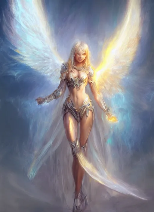 Image similar to concept art, angel knight girl. by artstation trending, by joseph mallord william turner, luis royo, konstantin razumov, cinematic lighting, fractal flame, highly detailed