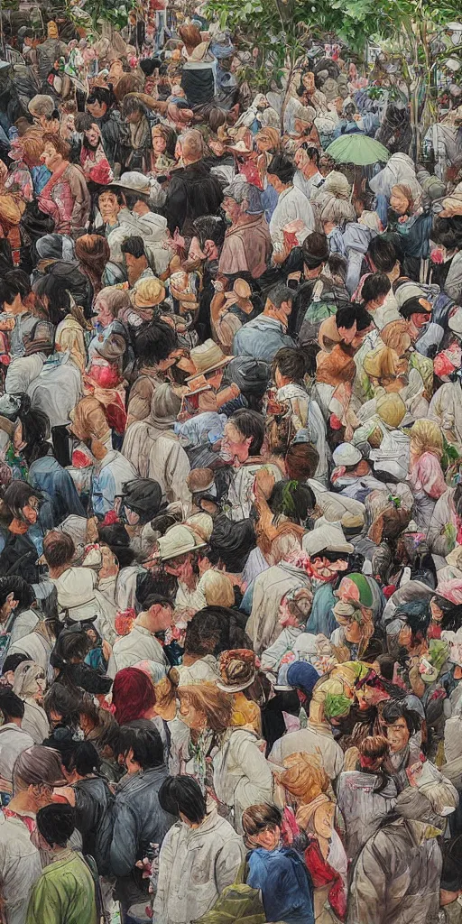 Image similar to oil painting scene crowd from blooming garden by kim jung gi