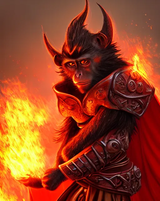 Image similar to fury art, an anthro monkey wearing a large cape and a fantasy armor, fire, fiery background, 3 d, 8 k, extremely detailed, trending on furaffinity, trending on artstation, award winning, sharp focus, illustration