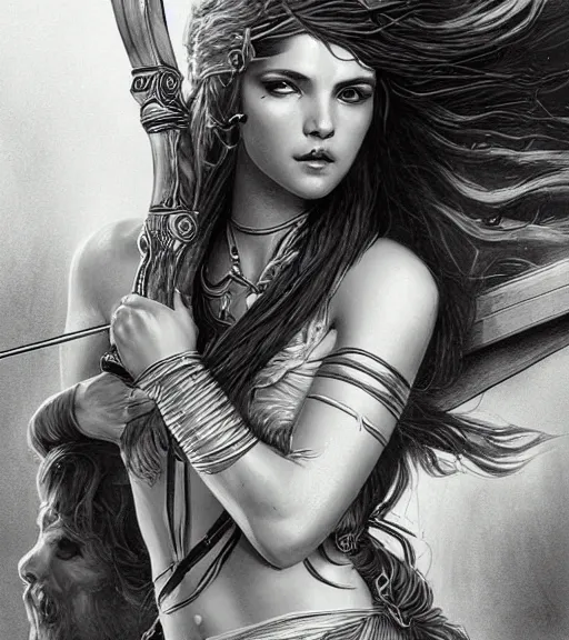 Image similar to beautiful young aphrodite goddess as an archer warrior, realistic face, beautiful eyes, black and white drawing, in the style of greg rutkowski, fantasy, amazing detail, epic, intricate, elegant, smooth, sharp focus