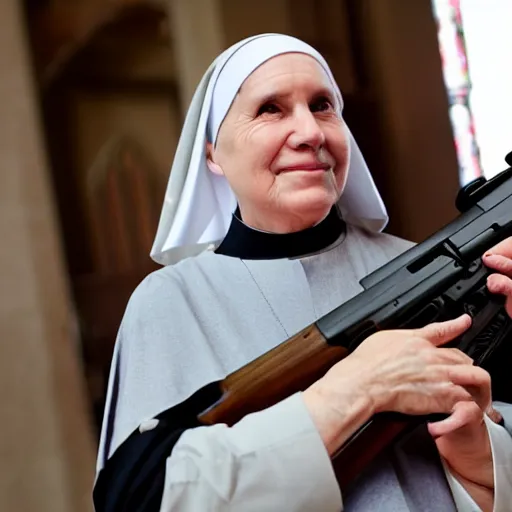 Image similar to a nun in church holding an ak 4 7