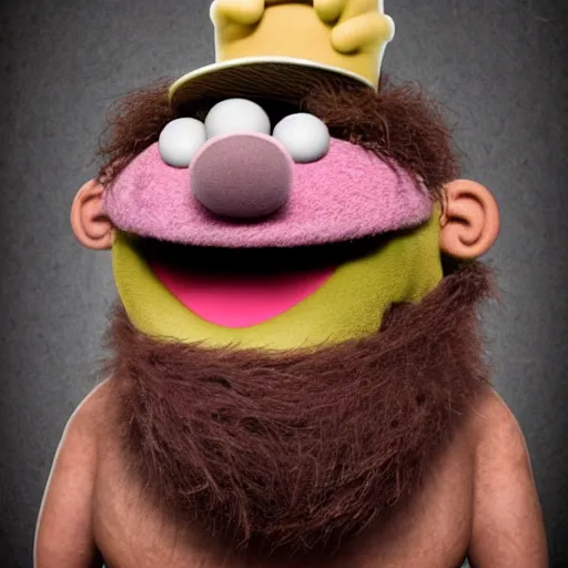 Image similar to a still of a forgotten muppet character looking very manly and modern, hilarious, laughing, hairy chest, huge chin, manly monster tough guy, roughled fur, photo real, photographic, photograph, artstation, trending, featured