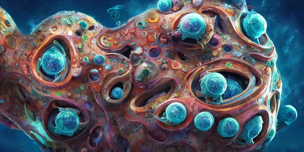 Image similar to of an intricate deep sea with strange cute friendly happy creatures with huge eyes, long tongue, round teeth and goofy funny face, appearing from the background, in the style of gehry and gaudi, macro lens, shallow depth of field, ultra detailed, digital painting, trending artstation, concept art, illustration, cinematic lighting, photorealism, epic, octane render