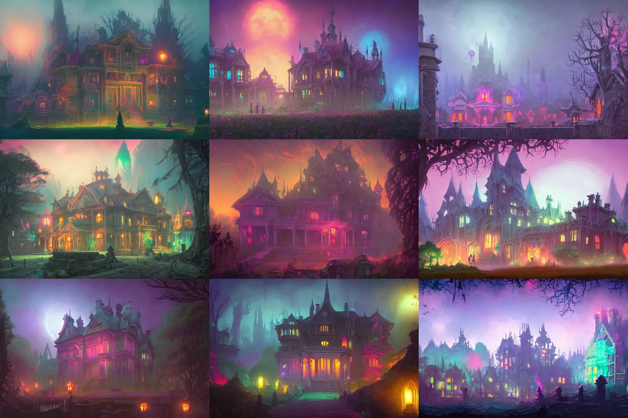 Prompt: matte painting, haunted mansion, infographic with illustrations!!!, glowing lights, epic fantasy, colorfully, digital art, highly saturated colors, concept art, detailed illustration, hd, 4 k, digital art, greg rutkowski, dan mumford, studio ghibli trending on artstation