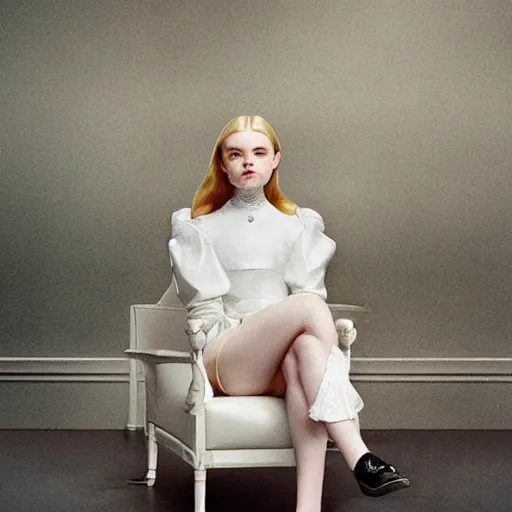 Prompt: Elle Fanning sitting on a white leather chair in the world of Julia Condon, head and shoulders portrait, stormy weather, extremely detailed masterpiece, oil on canvas, low-key neon lighting, artstation, Blade Runner 2049, Roger Deakin’s cinematography, by J. C. Leyendecker and Peter Paul Rubens and Edward Hopper and Michael Sowa,