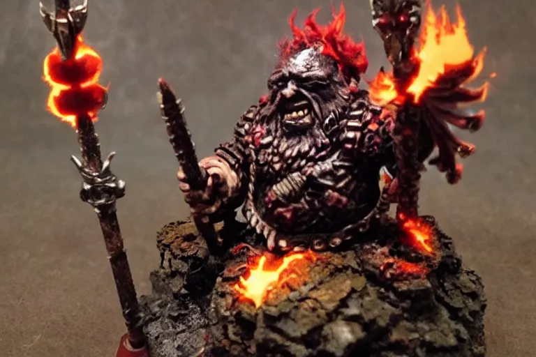 Prompt: Chaos Dwarf holding a flaming axe