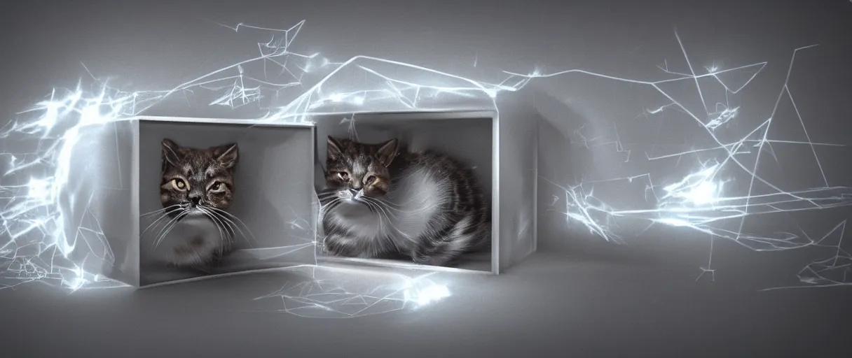 Image similar to 3 d render of schrodinger's cat in a box, quantum paradox, dead and alive, quantum superposition, waves and particles, wave function, scifi style, concept art, high detail, artsation 4 k