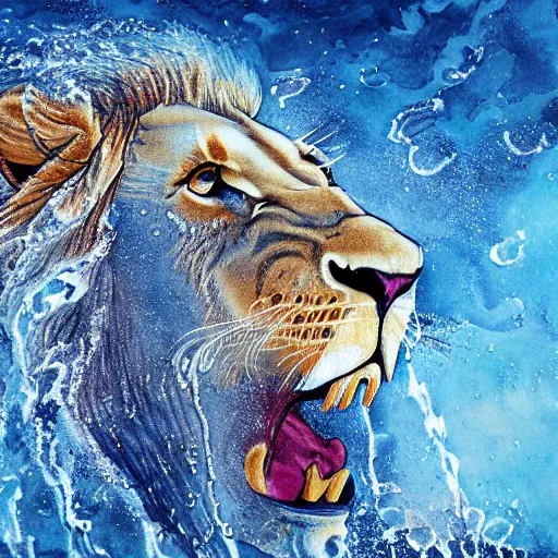 Image similar to a male lion's face breaching through a wall of water, water sprites, splashing, deep blue water color, highly detailed